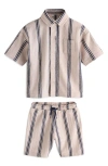 Next Kids' Stripe Knit Short Sleeve Cotton Button-up Shirt & Drawstring Shorts Set In Pink
