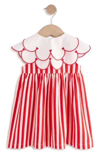 Next Kids' Stripe Scallop Collar Cotton Dress In Red