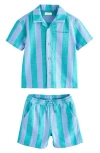 Next Kids' Stripe Short Sleeve Button-up Shirt & Shorts Set In Blue
