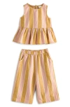 Next Kids' Stripe Sleeveless Cotton & Linen Peplum Top & Pants Set In Ochre Pink Stripe