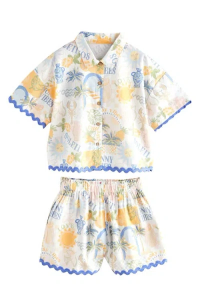 Next Kids' Sunny Vibes Short Sleeve Cotton Button-up Shirt & Pull-on Shorts Set In White