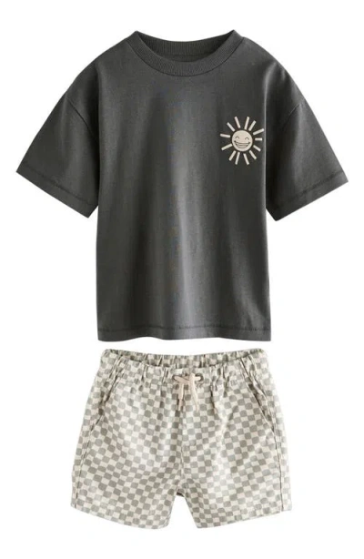 Next Kids' Sunshine Cotton Graphic T-shirt & Check Shorts Set In Black