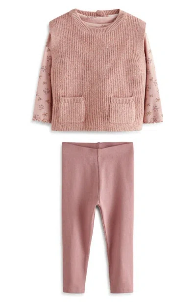 Next Kids' Tabard Long Sleeve Top, Sweater Vest & Leggings Set In Pink