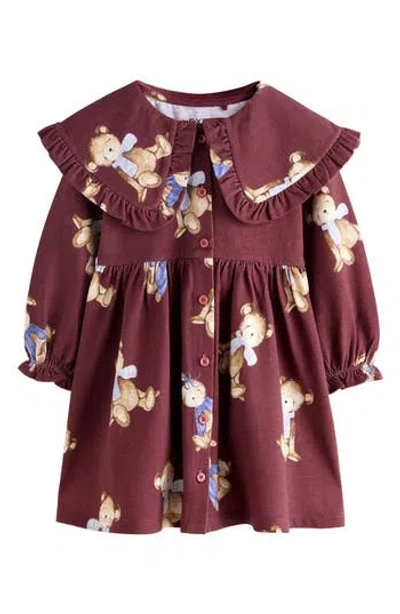 Next Kids' Teddy Bear Print Cotton Jersey Dress In Burgundy