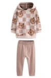 Next Kids' Teddy Check Hoodie & Sweater Leggings Set In Brown/beige Multi