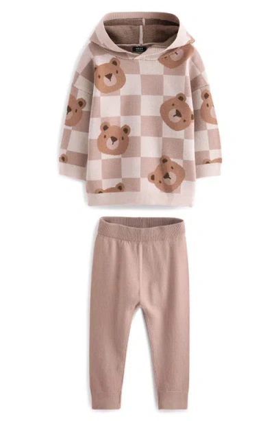 Next Kids' Teddy Check Hoodie & Sweater Leggings Set In Brown/beige Multi