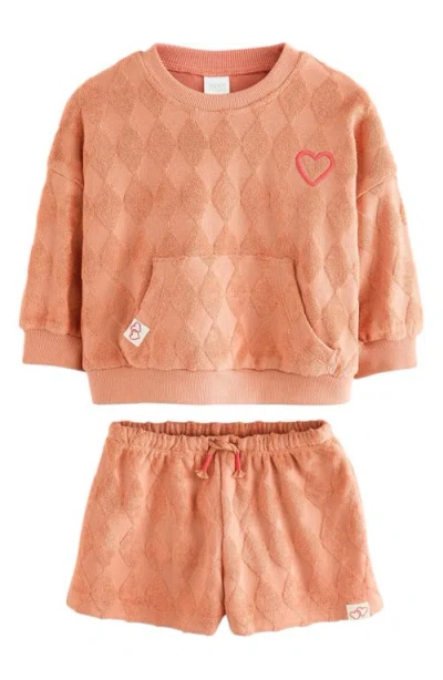 Next Kids' Textured Cotton French Terry Sweatshirt & Shorts Set In Orange