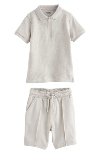 Next Kids' Textured Cotton Half Zip Polo & Shorts Set In Grey