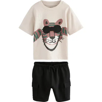 Next Kids' Tiger Cotton Graphic T-shirt & Cargo Shorts Set In Black/ivory/green Multi