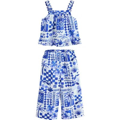Next Kids' Tile Print Cotton Tank & Wide Leg Pants Set In Blue