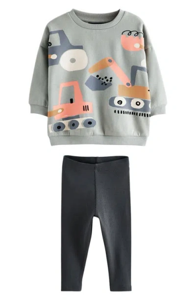Next Kids' Truck Print Crewneck Sweatshirt & Ribbed Leggings Set In Grey Multi