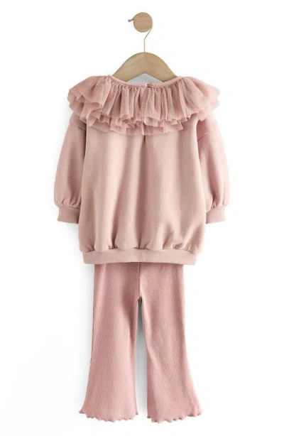 Next Kids' Tulle Collar Sweatshirt & Rib Pants Set In Pink