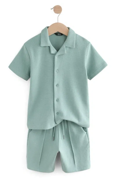 Next Kids' Waffle Knit Short Sleeve Cotton Button-up Shirt & Shorts Set In Mineral Blue
