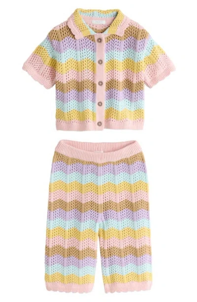 Next Kids' Wavy Stripe Open Knit Shirt & Pants Set In Multi