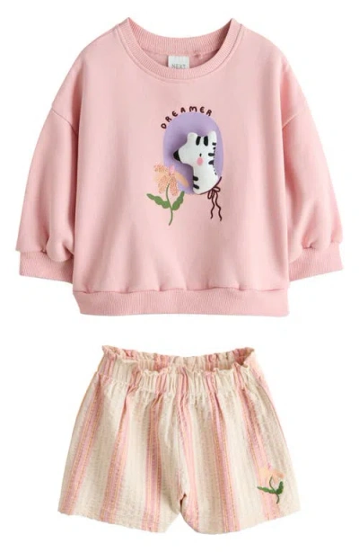Next Kids' Zebra Sweatshirt & Stripe Shorts Set In Pink