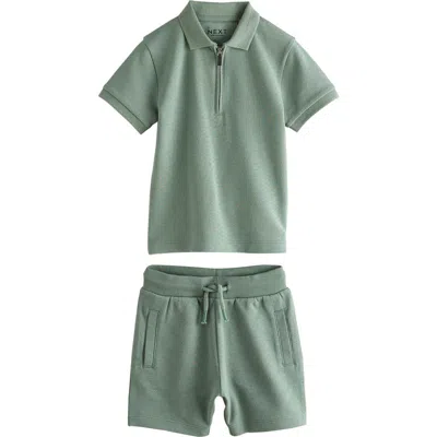 Next Kids' Zip Polo & Drawstring Shorts Set In Green