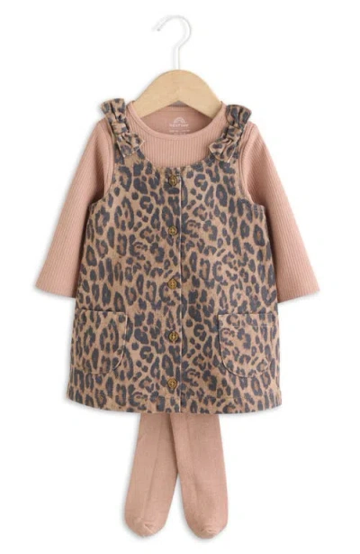 Next Babies'  Leopard Denim Pinafore Dress, Ribbed Bodysuit & Tights Set In Multi