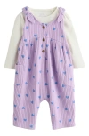 Next Long Sleeve Bodysuit & Heart Print Overalls Set In Purple