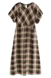 Next Plaid Puff Sleeve Midi Dress In Brown