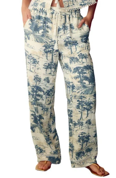 Next Print Wide Leg Drawstring Pants In White/blue