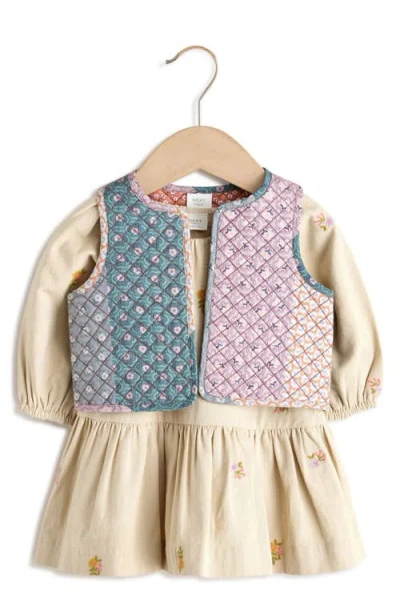 Next Babies'  Quilted Vest & Embroidered Long Sleeve Dress Set In Neutral