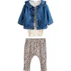 Next Rib Bodysuit, Denim Jacket & Leggings Set In Blue