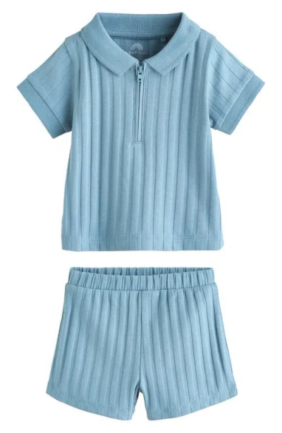 Next Babies'  Rib Zip Polo & Shorts Set In Blue