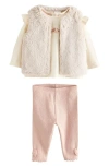 Next Ruffle Top, Faux Fur Vest & Bow Leggings Set In Pink