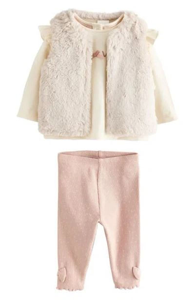 Next Babies'  Ruffle Top, Faux Fur Vest & Bow Leggings Set In Pink