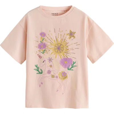Next Kids'  Sequin Embellished Unicorn Graphic Cotton T-shirt In Pink