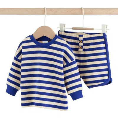 Next Babies'  Stripe Stretch Cotton Thermal Top & Shorts Set In Blue