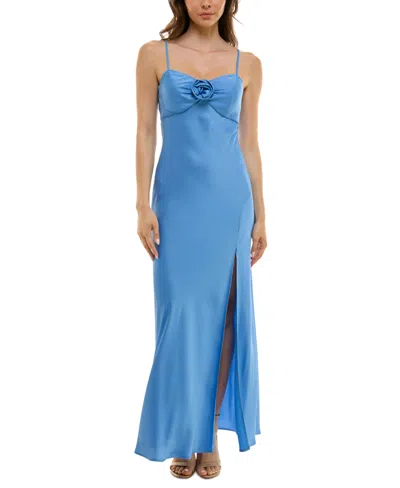 Next Up Juniors' Rosette-trim Empire-waist Side-slit Gown In Dark Peri
