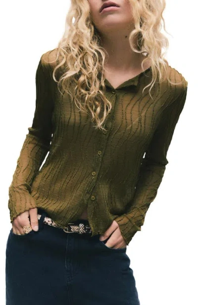 Next Wavy Pintuck Pleat Mesh Button-up Top In Green