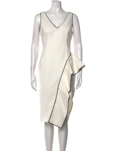 Pre-owned Nha Khanh V-neck Knee-length Dress In White