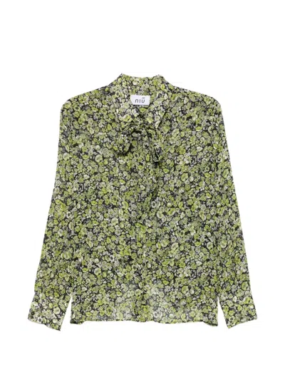 Niū Floral-print Pussy-bow Blouse In Green