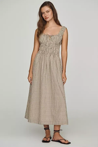 Nia 100% Cotton Smocked Midi Dress In Brown