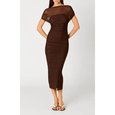 Nia Aria Ruched Off The Shoulder Mesh Midi Dress In Brown