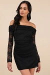 Nia Ava Black Lace Off-the-shoulder Long Sleeve Mini Dress In Black