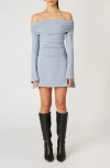 Nia Off Shoulder Bell Sleeve Mini Dress In Blue In Blue