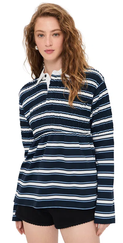 Nia Barrington Shirred Striped Collared Polo Top In Brown