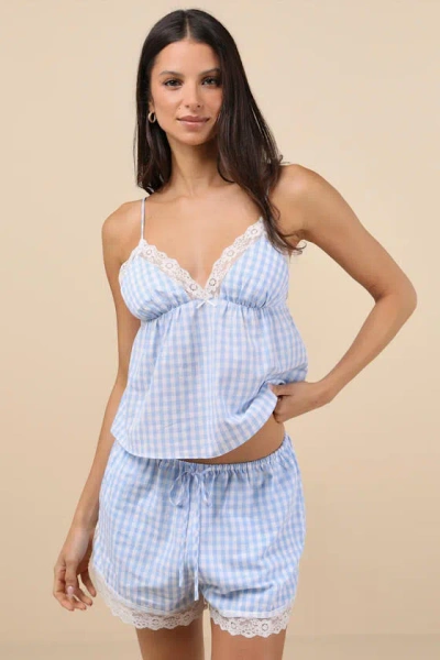 Nia Bud Blue Gingham Lace Drawstring Shorts