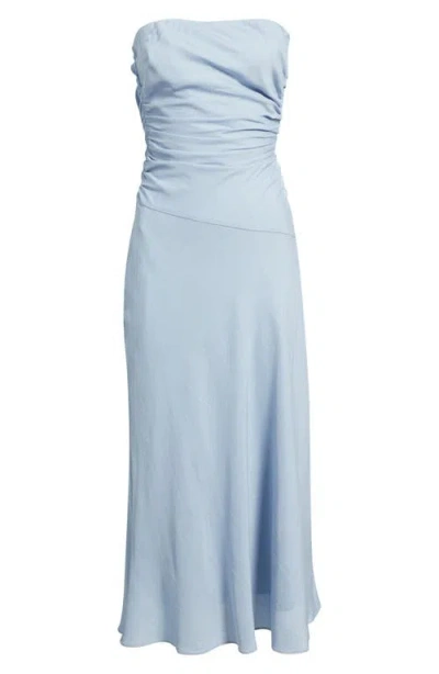 Nia Caricia Strapless Side Ruched Midi Dress In Blue