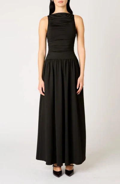 Nia Clea Ruched Sleeveless Drop Waist Maxi Dress In Black