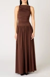 Nia Clea Ruched Sleeveless Drop Waist Maxi Dress In Brown