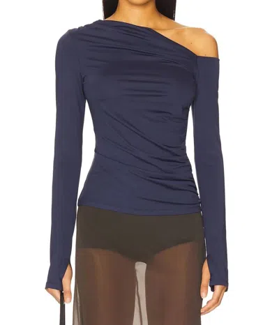 Nia Cleo Off Shoulder Long Sleeve Slinky Top In Blue