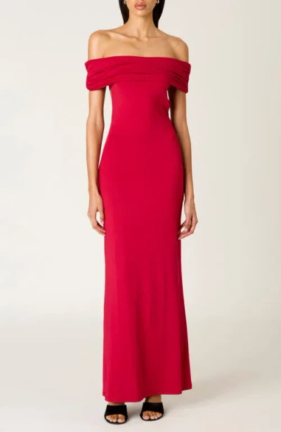 Nia Evangeline Off The Shoulder Open Back Maxi Dress In Pink