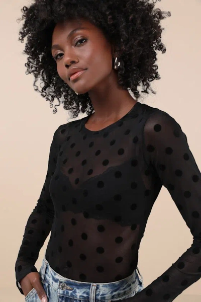 Nia Fox Black Sheer Mesh Polka Dot Long Sleeve Top