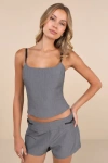 Nia Grace Grey Buckle Strap Crop Tank Top In Grey