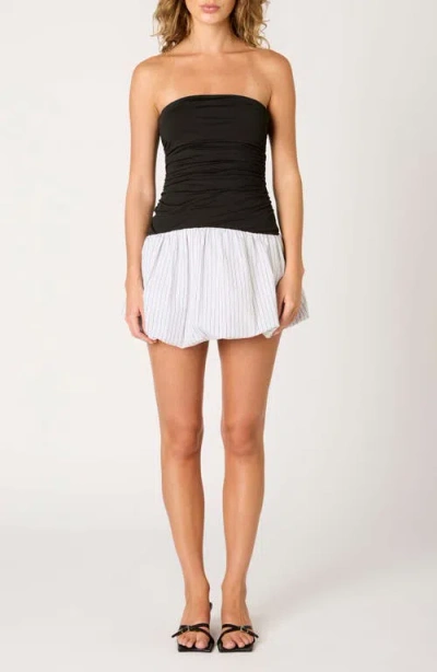 Nia Janay Mixed Media Strapless Bubble Hem Cotton Minidress In Black