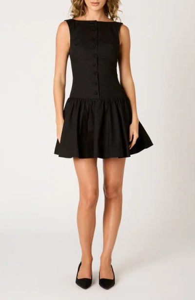 Nia Karo Button Front Cotton Blend Fit & Flare Minidress In Black